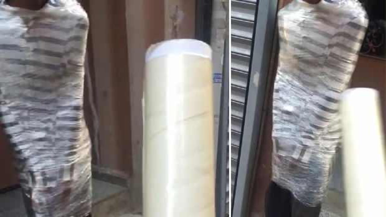 Beyoğlu’nda ilginç görüntü: Çocuğu streçe sardı