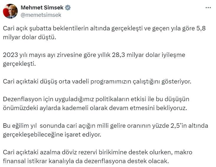 Bakan Şimşek: Cari açıktaki düşüş orta vadeli programımızın çalıştığını gösteriyor